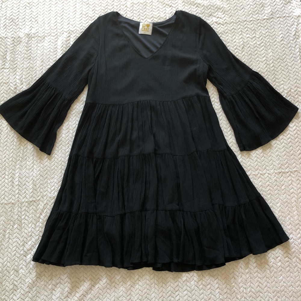 Black L Tiered Ruffle Swing Dress Bell Sleeves Dark Romantic Whimsigoth Witchy